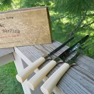 Regent Sheffield Carving Set English Stainless Knife,Fork, Sharpener with Bakelite Handles in Original Box