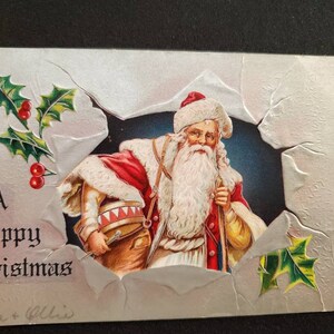Vintage A Happy Christmas Postcard Santa Holding a Drum and Staff Printed in America