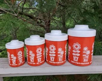 Atapco Red & White Aluminum Canister Set of 4 White Plastic Lids Made In USA Vintage Kitchen