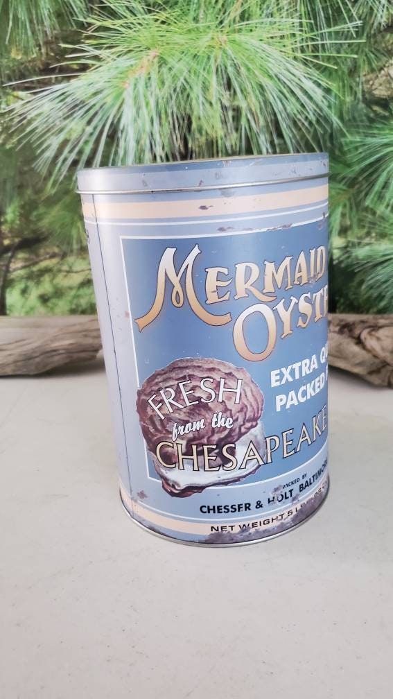 NAUTICAL MERMAID OYSTERS KITCHEN COFFEE CANISTER Seafood Restaurant Storage Tin 