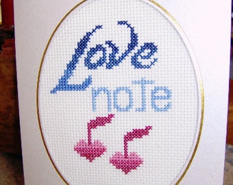 Valentine "Love Notes" Cross Stitch Card / Cross Stitch Ready to Frame Wedding or Anniversary Card