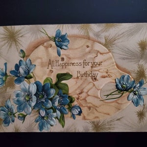 Antique Birthday Postcard / Forget Me Knots Vintage Embossed Postcard Paper Ephemera