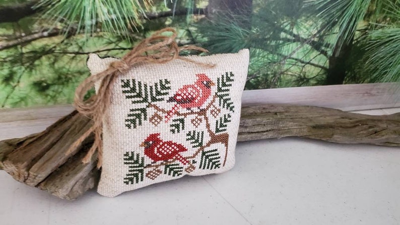 OldFangledFinds Cross Stitch Cardinals in Pine Boughs Pillow - Thumbnail 2