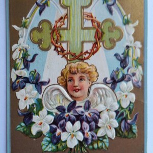 Antique Collectible Postcard Easter Greeting Cross Angel Flowers Collectible Ephemera