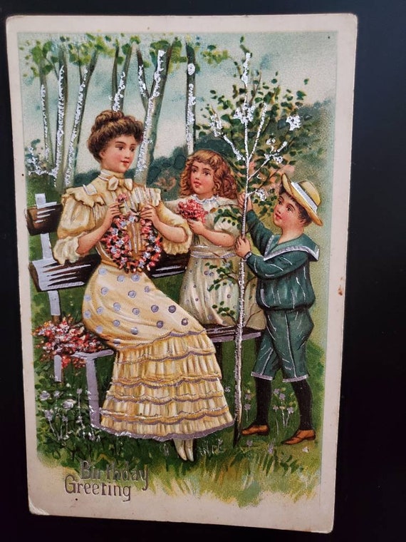 Antique Postcard Mother & Children Birthday Greetings Collectible