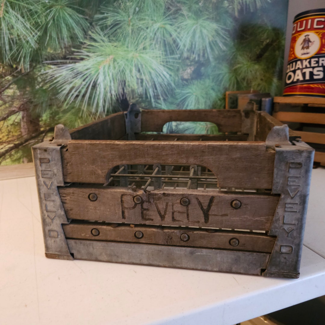 Antique Pevely Milk Crate: 1940s Wood & Metal 30-bottle Farmhouse