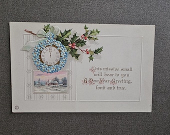 Collectible Antique New Year Postcard Clock, Holly, Winter Scene Unused Embossed Ephemera