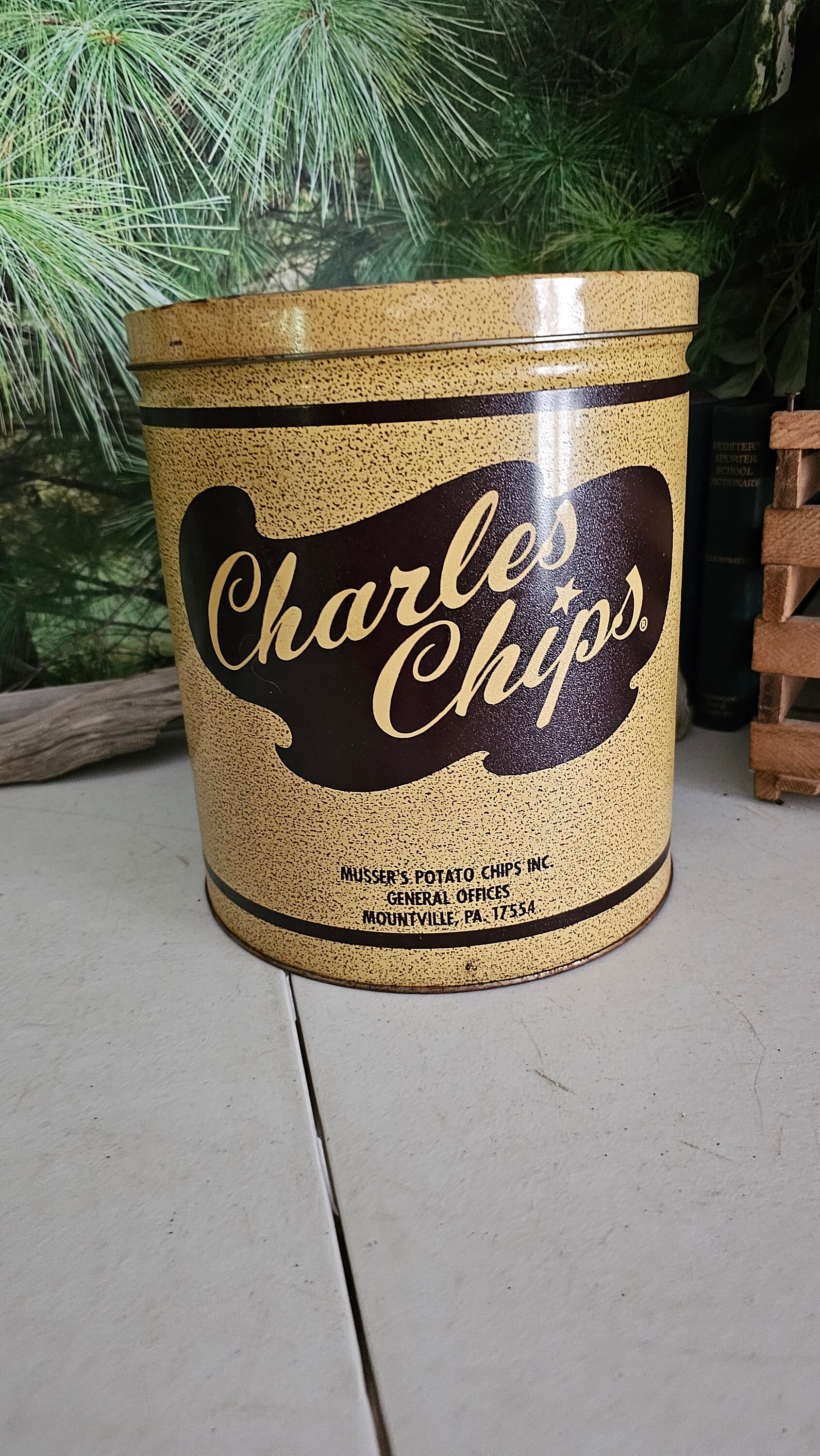 1 Pound Beige & Brown Charles Chips Potato Chip Can Vintage