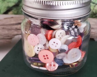 Clear Glass Jar Full of New & Vintage Buttons Half Pint with Ball Canning Lid Home Decor or Supplies  #3103