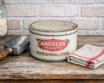 Antique Distressed ANGELUS Marshmallows Tin Cracker Jack Company, Vintage Advertising Can, Marshmallow Advertising  #3360