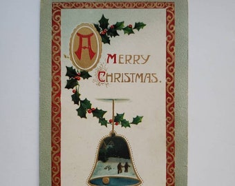 Embossed "A Merry Christmas" Postcard, Holly, Bell with Ice Skaters