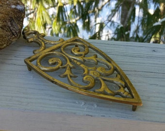 Brass Iron Shaped Trivet with Scrollwork Design  Brass Home Decor Vintage Kitchen Trivet