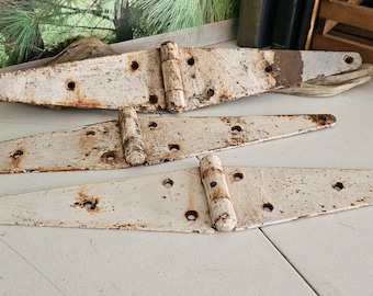 Set of 3 Large Distressed White Painted Barn Door Hinges Rustic Hardware   #3441