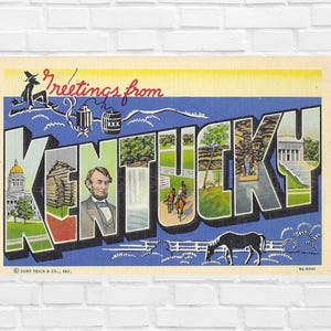 Salutations en téléchargement numérique du KENTUCKY des années 1940, carte postale en lin, offre d'art mural pour scrapbooking imprimable