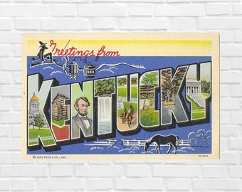Digital Download Greetings From KENTUCKY 1940s Linen Postcard Printable Scrapbook Supply Wall Art