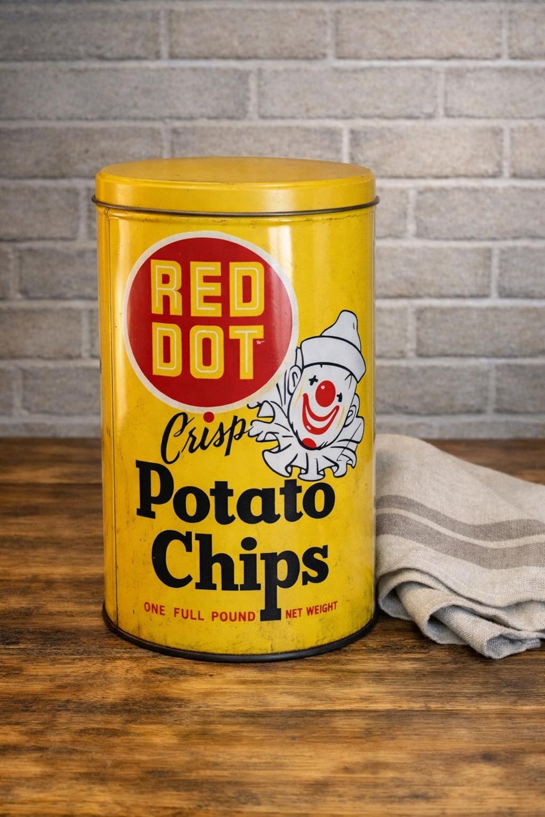 1950s Red Dot Potato Chip Tin, Ta-do the Clown, Vintage