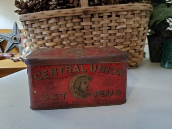 central union cut plug tobacco tin Antique Central Union Cut Plug Tobacco Tin: Collectible Hinged Lid