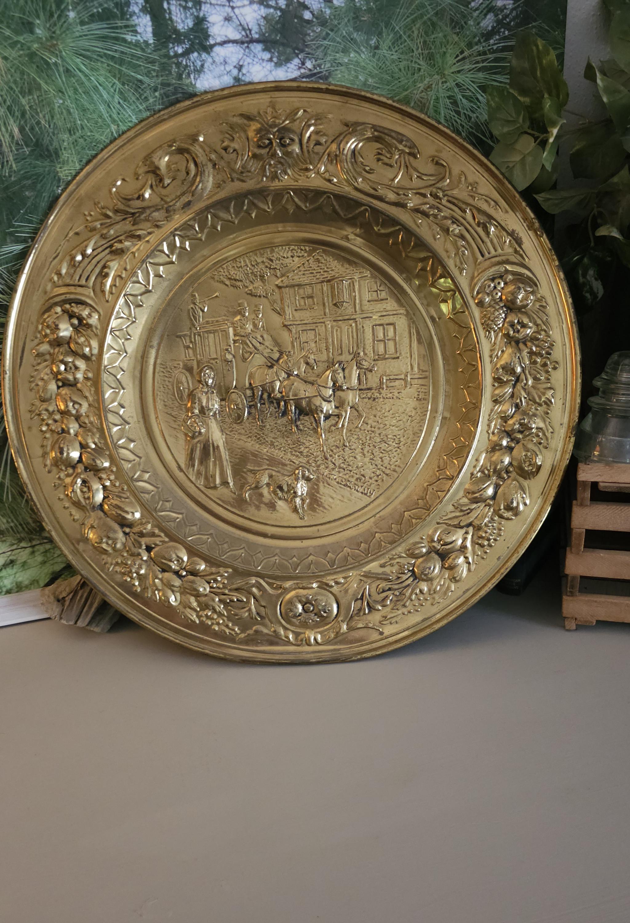 Vintage Brass Embossed Wall Plate: Ornate Fruit & Fish