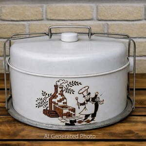 May include: A white round metal cake carrier with a locking silver wire handle and a white knob on the lid. The side features a brown graphic illustration of a chef standing next to a brick oven with a small dog nearby on a tiled floor.