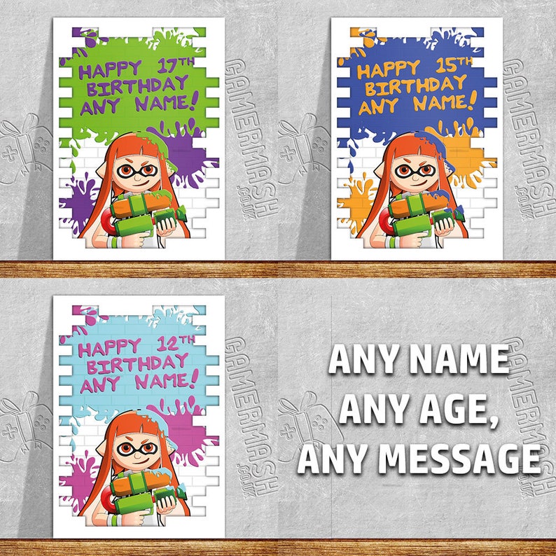 with envelope 01 personalised any name or relation Splatoon Birthday card