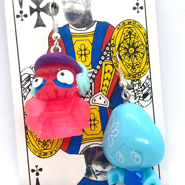 mismatched zombie earrings, upcyled pink and blue, zombie and kawaii girl. Kawaii and harajuku style asymmetric earrings