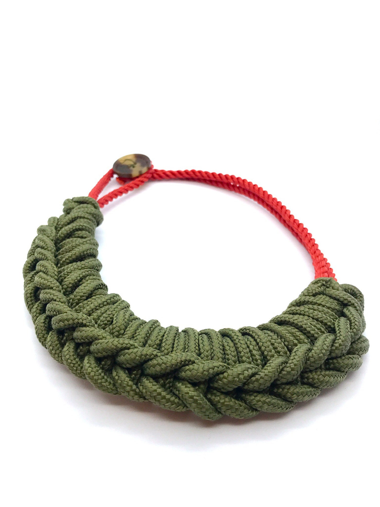 Paracord Necklace Khaki Paracord Crochetted on a Red Rope Base With a