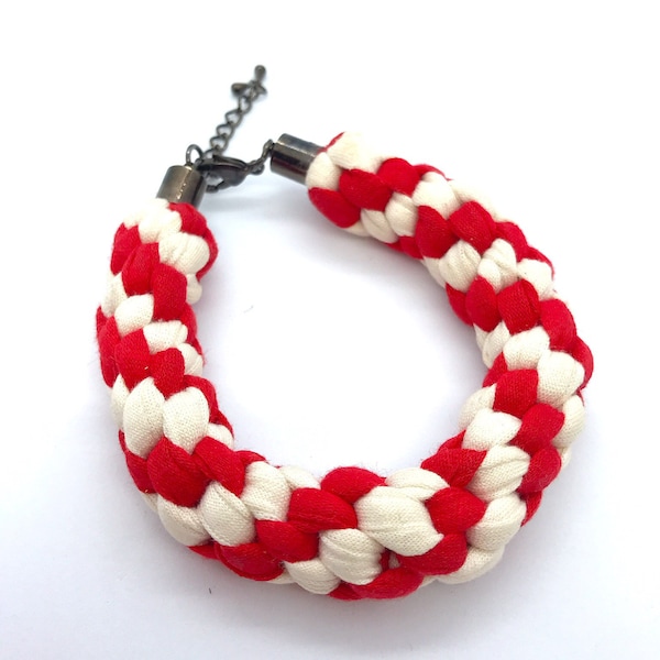 Rope bracelet - Red and white stripe woven recyled eco friendly statement accessory