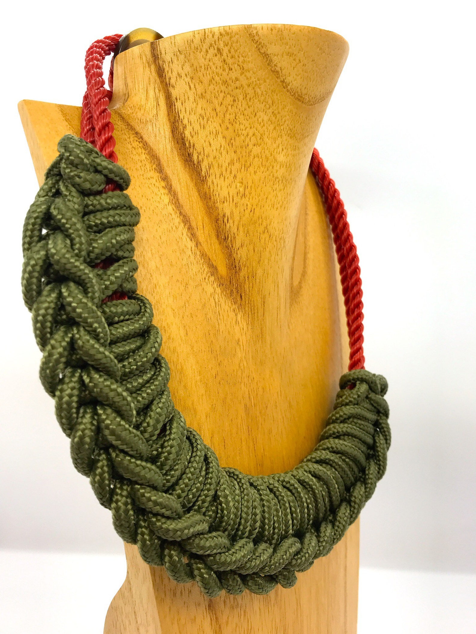 Paracord Necklace Khaki Paracord Crochetted on a Red Rope Base With a