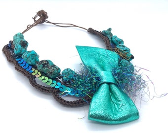 Bow necklace - turquoise metallic effect bow with turquoise stones petrol iridescent sequins on wire crochet statement accessory