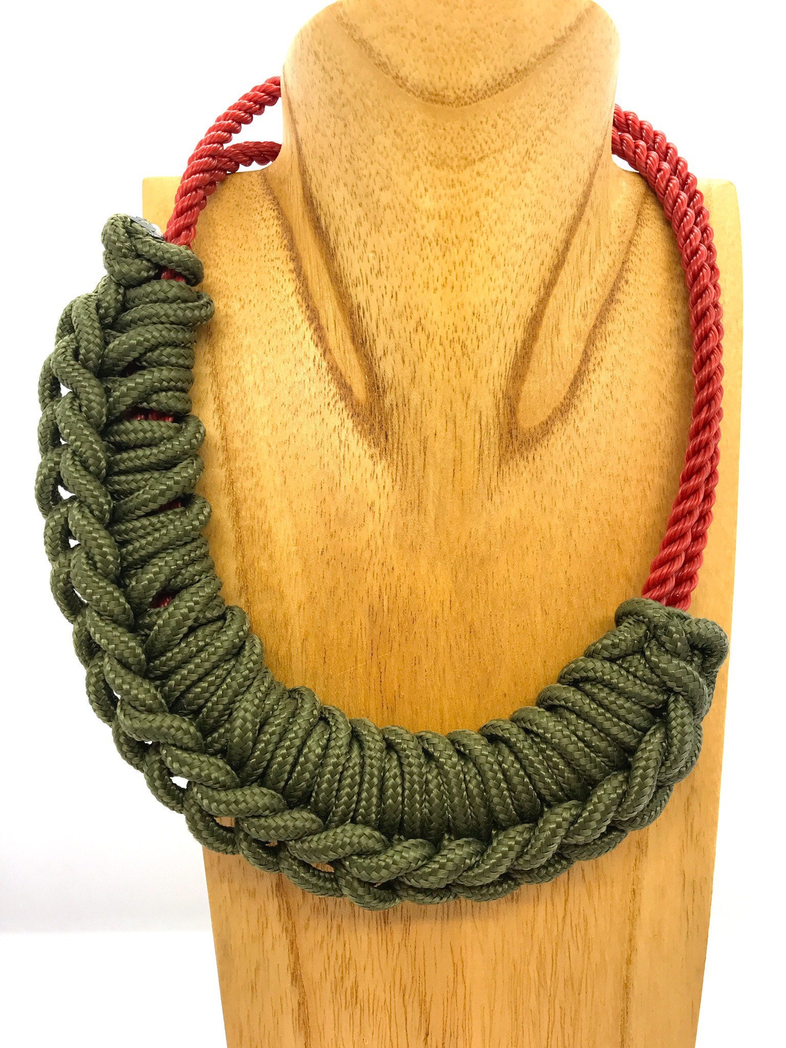 Paracord Necklace Khaki Paracord Crochetted on a Red Rope Base With a