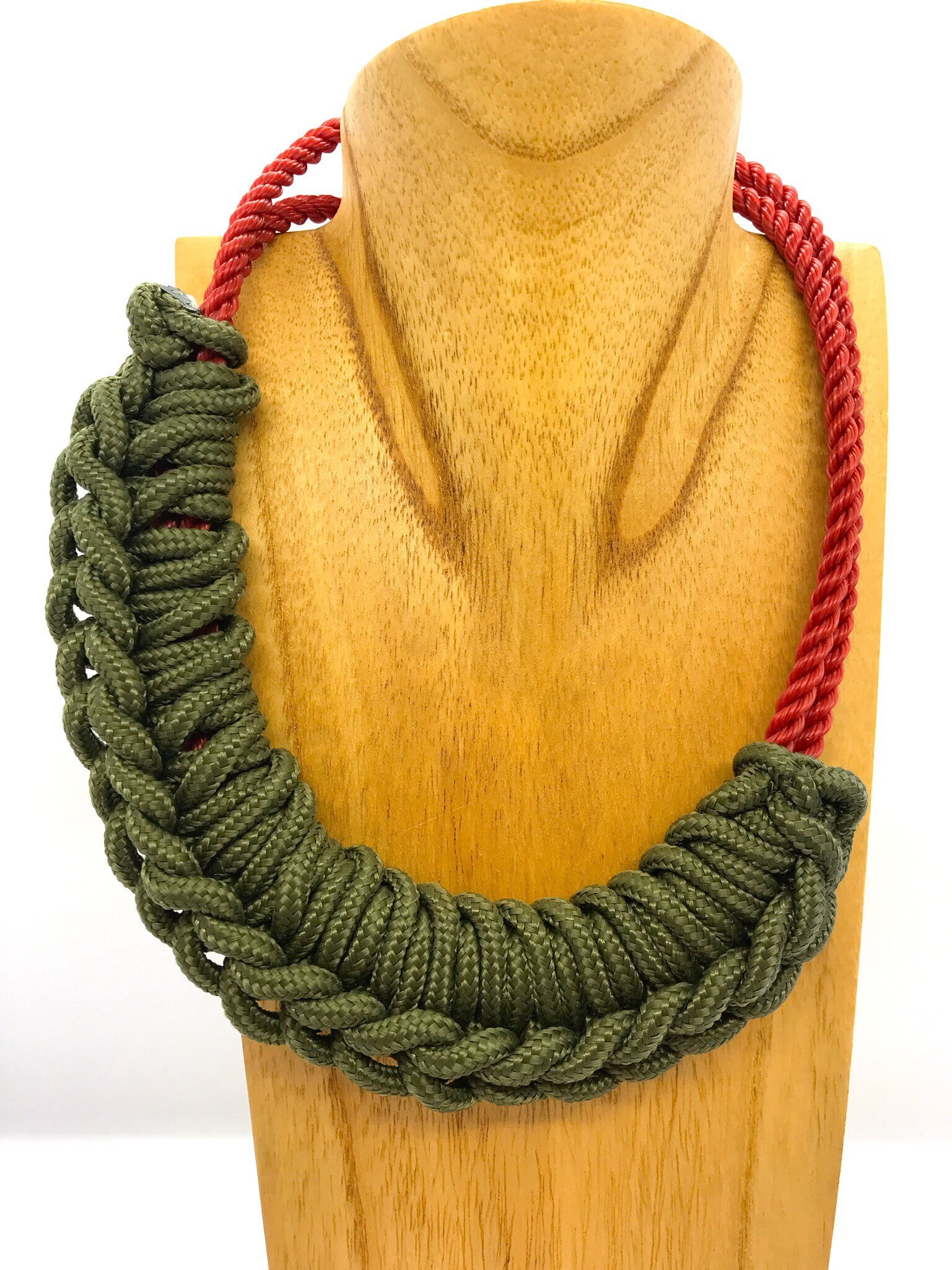 Paracord Necklace Khaki Paracord Crochetted on a Red Rope Base With a