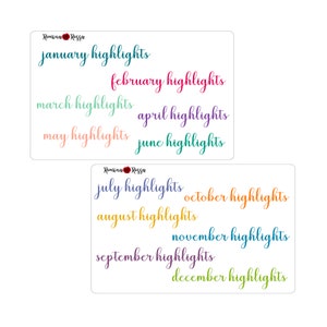 May include: A set of 12 monthly highlight stickers with the text "january highlights", "february highlights", "march highlights", "april highlights", "may highlights", "june highlights", "july highlights", "august highlights", "september highlights", "october highlights", "november highlights", and "december highlights". The stickers are in various colors, including teal, purple, orange, pink, and blue.