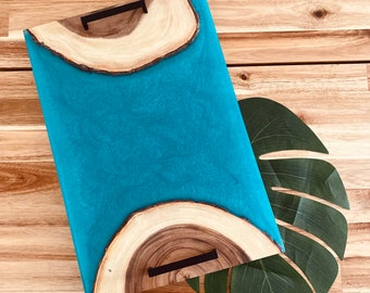Serving Tray / Tray with live edge wood. River Epoxy Resin and handles