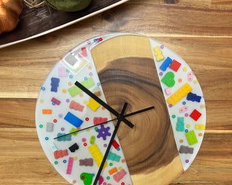 Unique and fun wood and resin Wall Clock / One of a kind clock with real blocks and wood