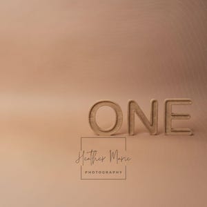Peut inclure: Lettres en bois épelant "ONE" sur un fond pêche. Les lettres en trois dimensions se détachent sur un fond doux et neutre. L'image comprend le texte "Heather Marie Photography" dans un cadre carré.