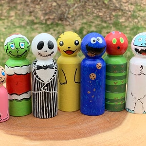 Character Peg Dolls, Jack Skellington, Cookie Monster, Pikachu, Hungry Caterpillar, Grinch, Cindy-Lou, Abominable Snowman