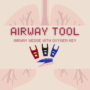 Pode incluir: Imagem com ferramentas médicas para as vias aéreas, incluindo cunhas vermelhas, pretas e azuis, e uma chave de oxigênio azul. O texto "AIRWAY TOOL" e "AIRWAY WEDGE WITH OXYGEN KEY" está em vermelho.