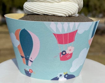 Hot Air Balloon and Clouds pattern with reversible watercolor pattern cupcake wrappers-Sets of 12