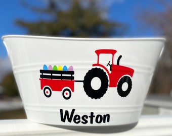 Super cute personalized tractor pulling personalized Easter basket, farm basket, red tractor basket-great basket for boys or girls!