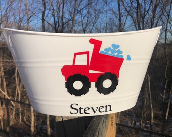 Personalized Valentine Red Dump Truck Baskets with pink or blue hearts!Personalized Bins, Custom Organizers-Perfect for gift baskets, Valent