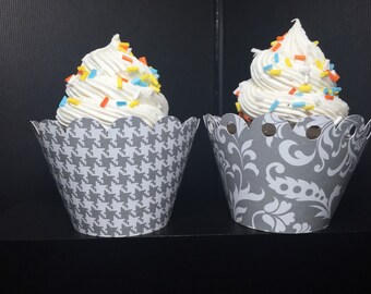 Gray and White Chevron/Polka Dot/Damask/Herringbone Cupcake Wrappers -Sets of 12