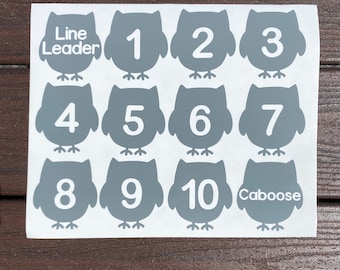 Vinyl Classroom Line Up Number Owl Shaped Decals with Line Leader and Caboose-Various sets available to meet your classroom needs!