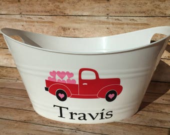 Personalized Valentine Red Truck Baskets with pink or blue hearts!Personalized Bins, Custom Organizers-Perfect for gift baskets, Valentine's