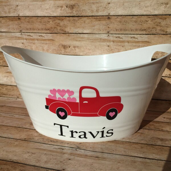 Personalized Valentine Red Truck Baskets with pink or blue hearts!Personalized Bins, Custom Organizers-Perfect for gift baskets, Valentine's