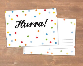 Postcard Hurra with confetti - carbon neutral print on recycling paper