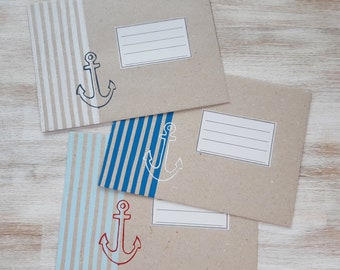 Anchor & Stripes//3 enveloppen handgemaakt//gerecycled schetspapier