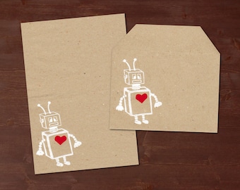 A robot with a heart - handprinted stationery // recycling paper