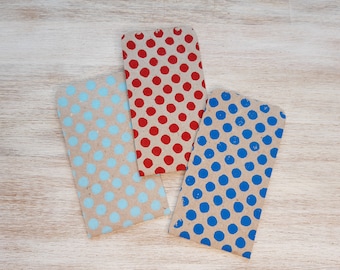 3 mini gift bags dots light blue, red and blue // 6 x 9 cm // handmade from recycled sketch paper