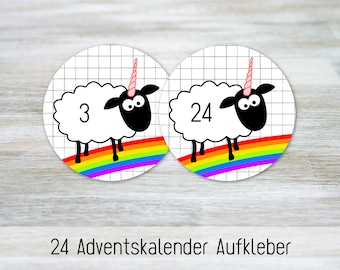 24 adesivi per calendario dell'Avvento, pecorelle unicorno - diametro 40 mm - stampati su etichette bianche - splendidamente confezionati