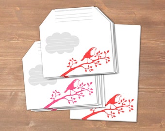 Rotkehlchen rot/rosa - handgemachtes Briefpapier // recycling Papier // 10 Briefumschläge & Block